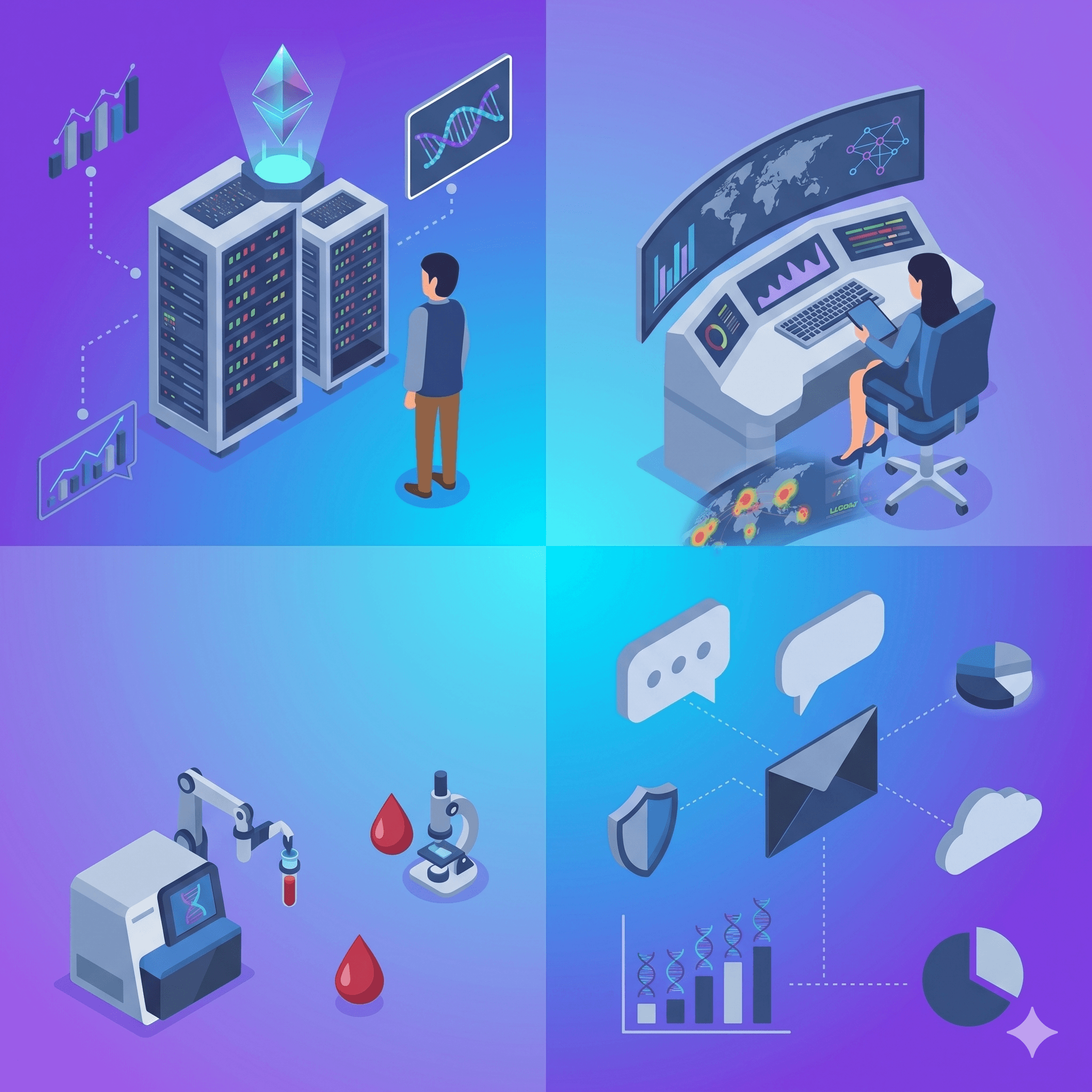 Four-panel composition: data warehouse, command center, healthcare lab automation, and unified communications — Utopia Tech cross-industry architecture