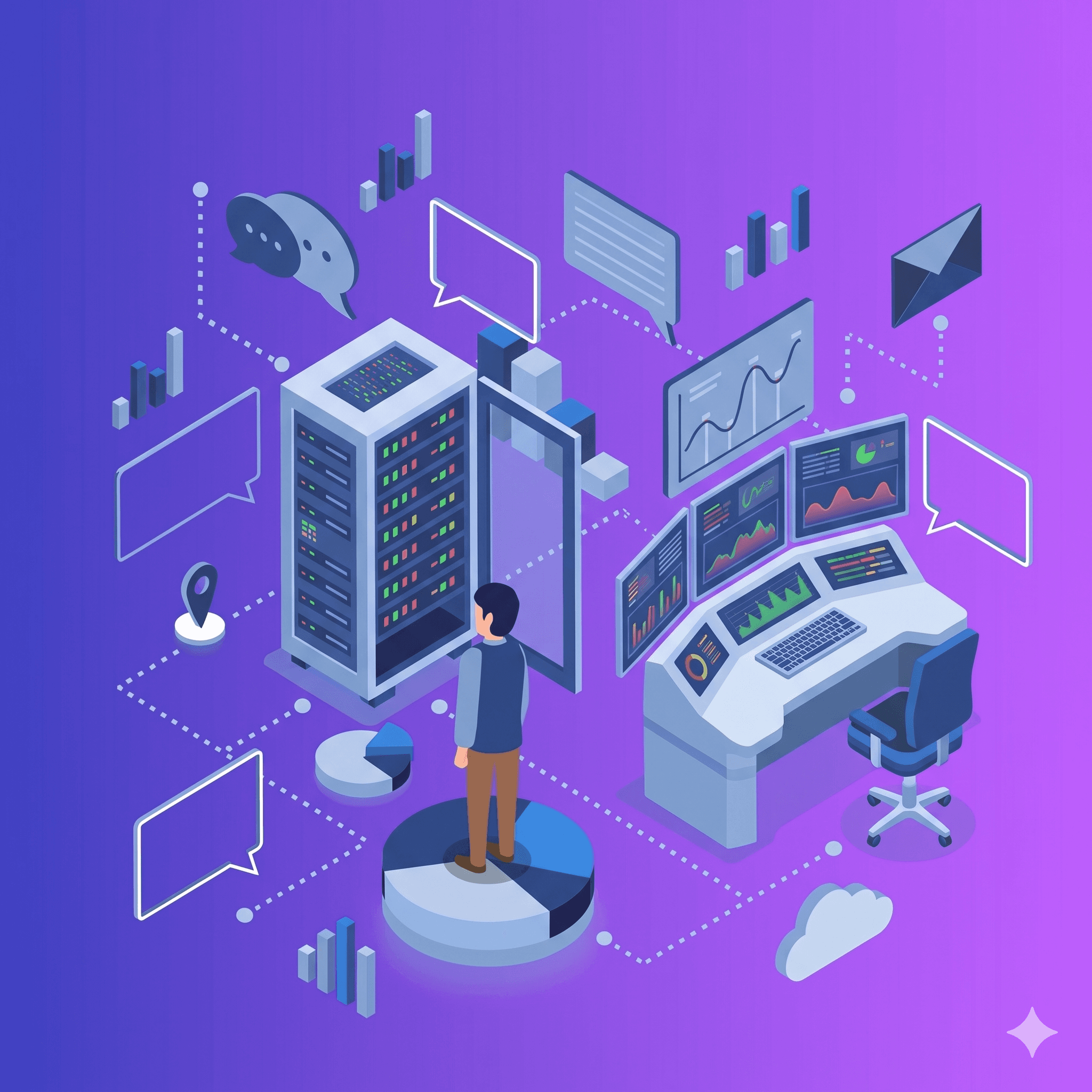 Operator on a dashboard pie chart in front of a server rack and triple-monitor command center — Utopia Tech IT operations